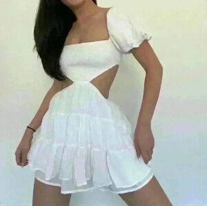 White trendy sexy party  cut out peekaboo boho stretchy casual mini dress M